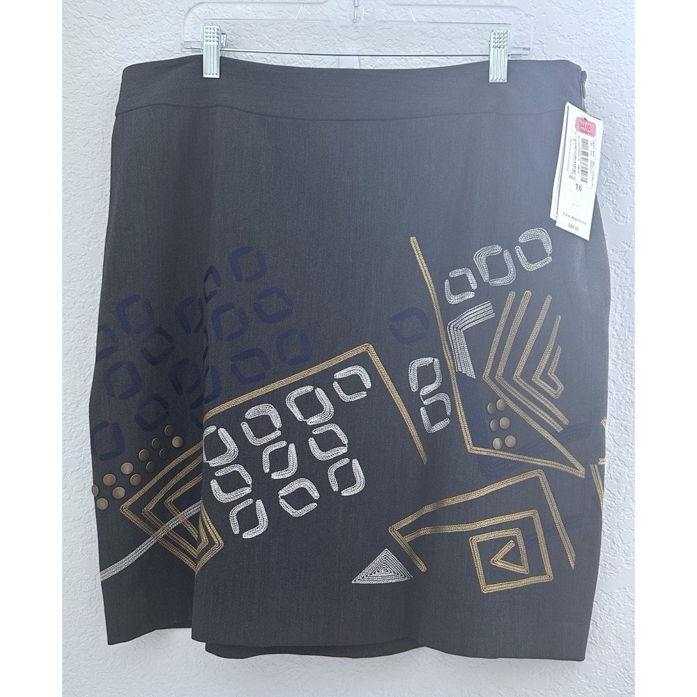 Vtg NOS Y2K Peter Nygard Gray Studded Embroidered Pencil Skirt Sz 16 Art to Wear